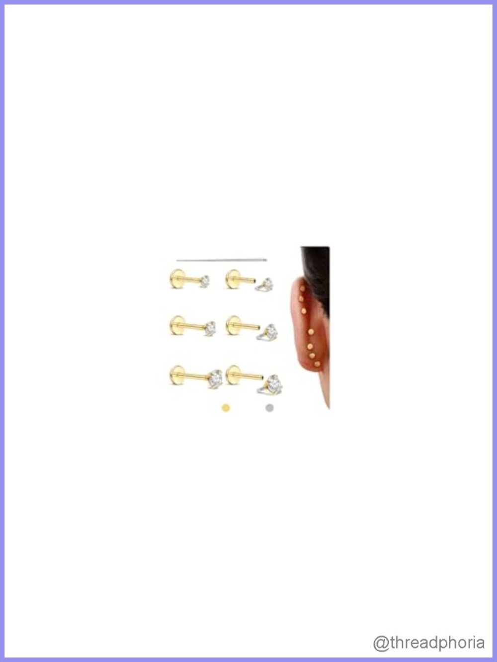 3 Pairs 14K Gold Filled Flat Back Stud Earrings Set 18G Surgical Steel